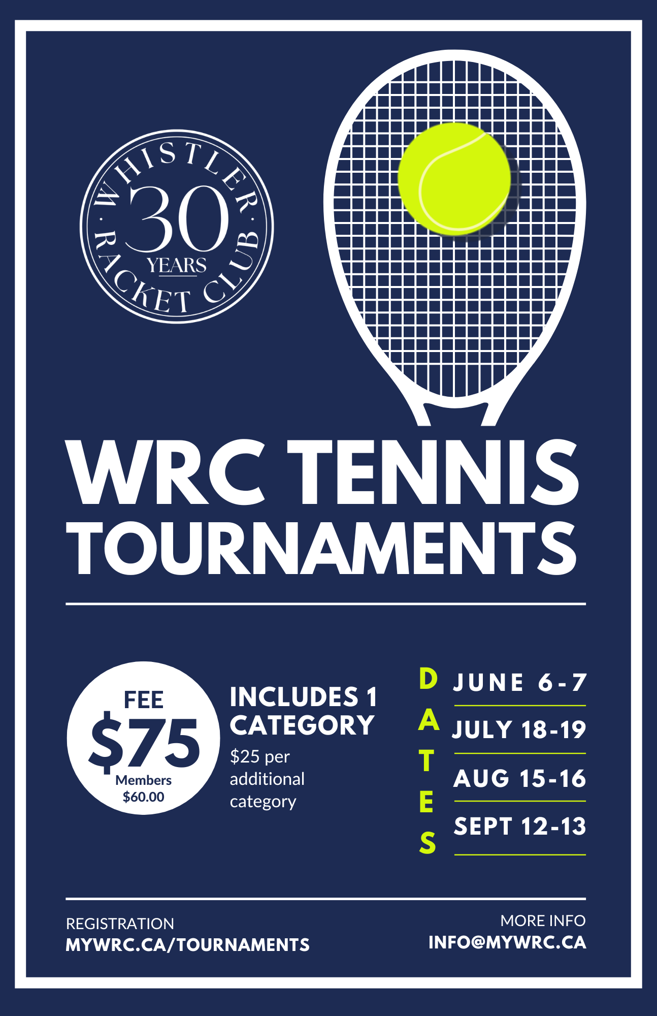 WRC Tennis Tournaments 2026 — Compass Draw format, $75 entry, members $60